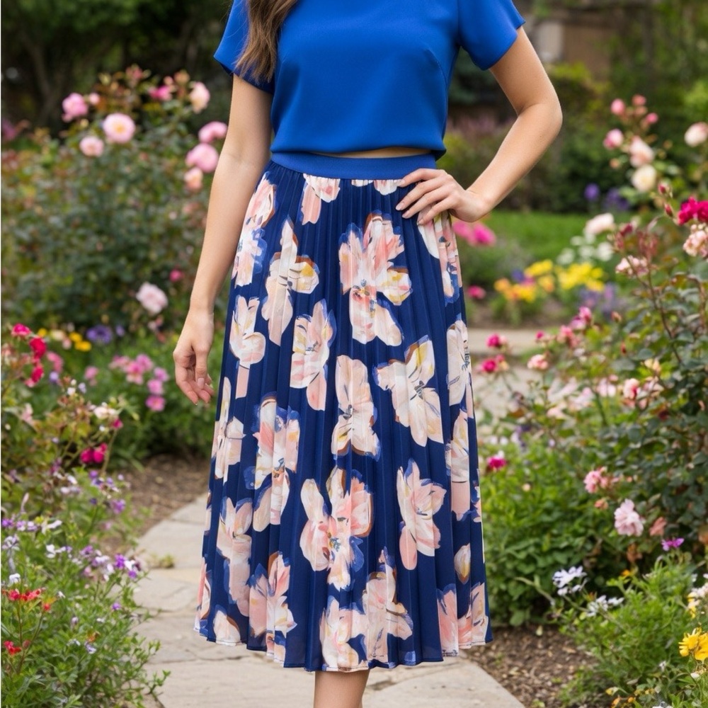 Floral Pleated Elastic Waist Midi Skirt - Navy Blue with Pink Blossoms